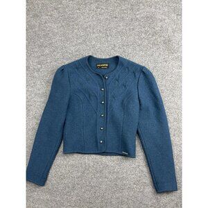 Geiger Jacket Womens 36 Blue Wool Embroidered Collarless Short Made Austria